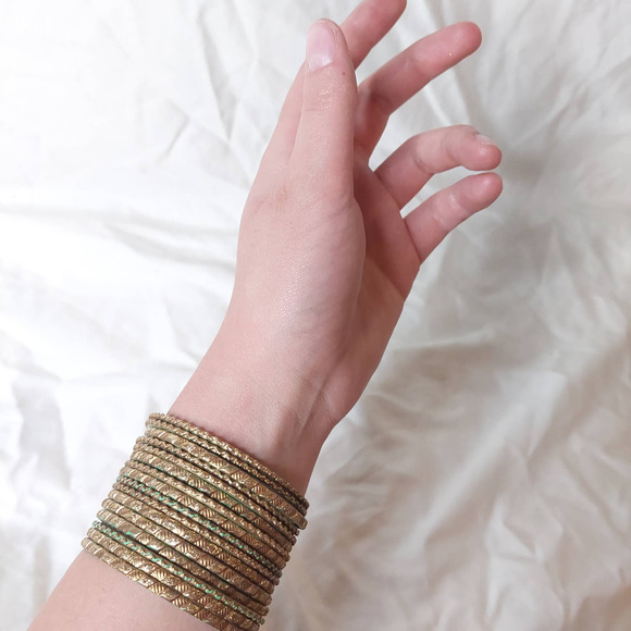 Vintage Gold Tone Textured Costume Bangle Stack Set of 16 with Pop of Mint Green - Picture 6 of 7